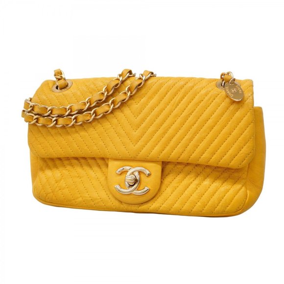 Chanel Shoulder Bag V-Stitch W-Chain Leather Yellow Women's - Picture 1 of 12
